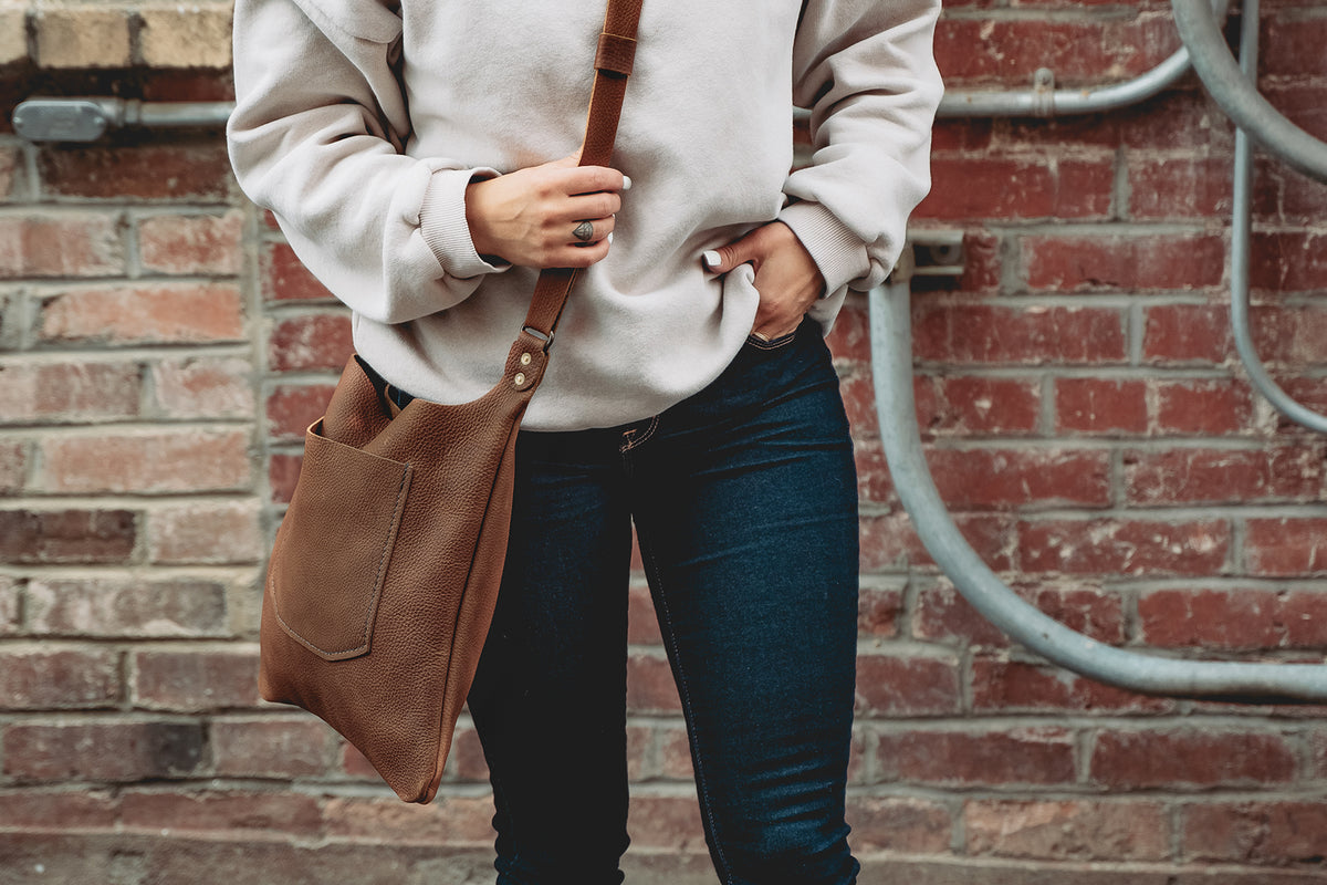 Rugged leather crossbody purse made in USA thick durable quality farmstyle tote purse rustic PNW